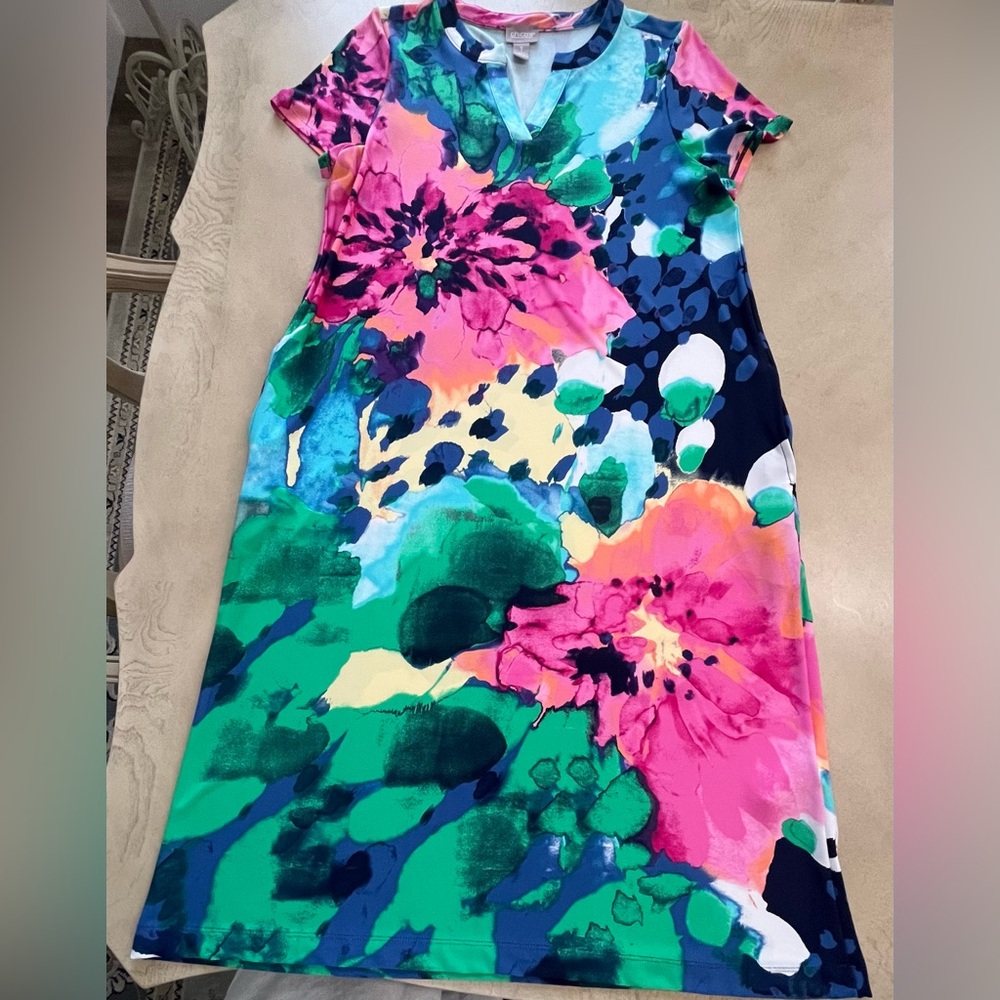 Chico's Bold Floral V-Neck Maxi Dress in Pink, Green & Blue - Picture 5 of 12